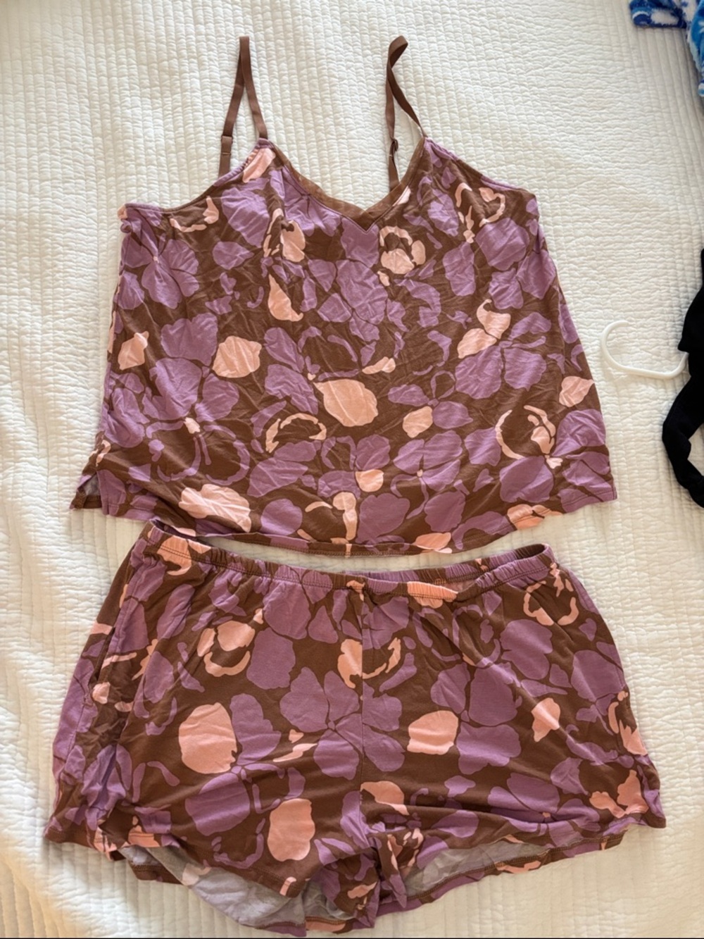 stars above Brown Floral Cami & Short Set with Pink & Purple Accents